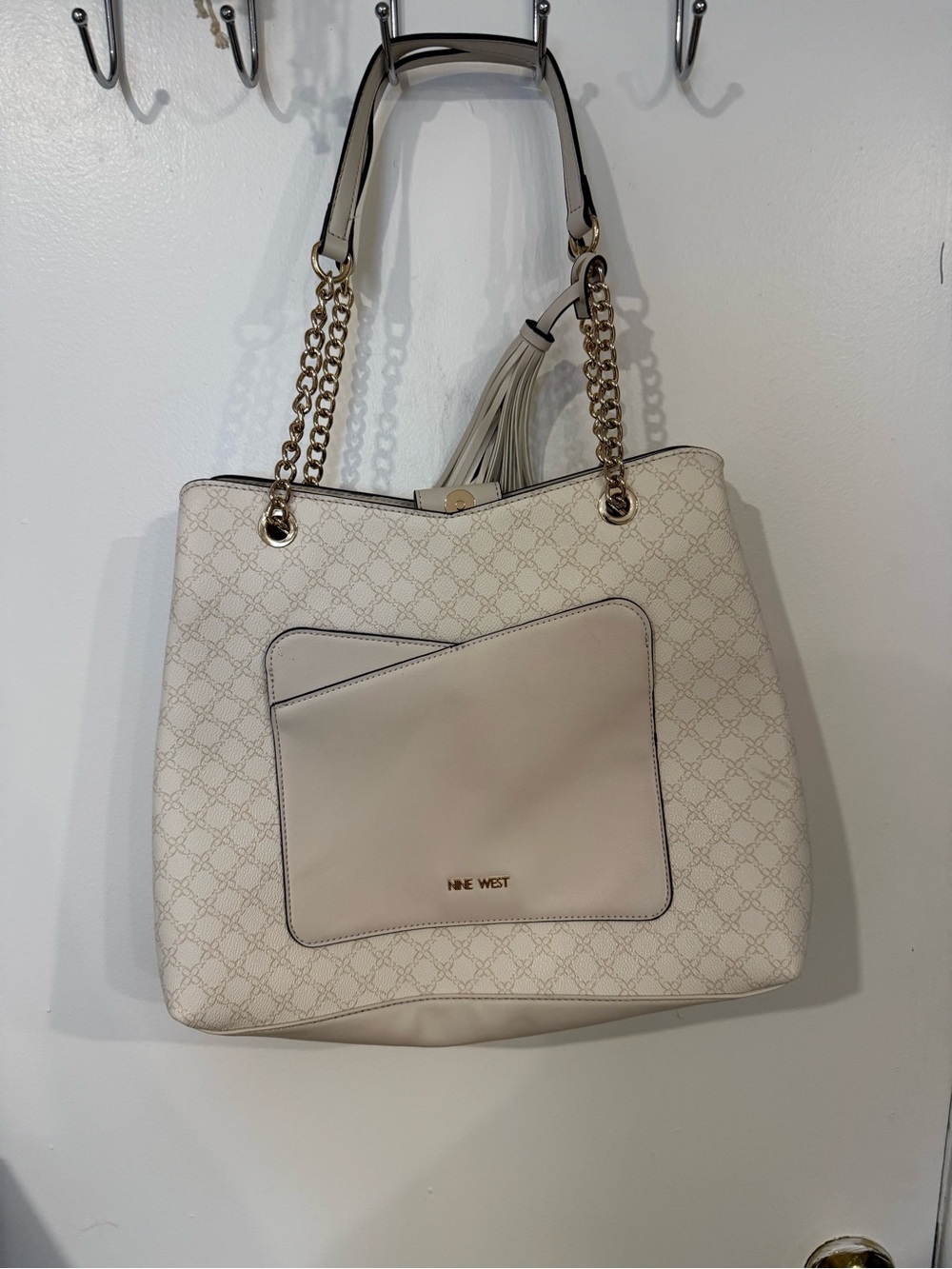 Nine West Cream Chain-Handle Shoulder Tote with Tassel